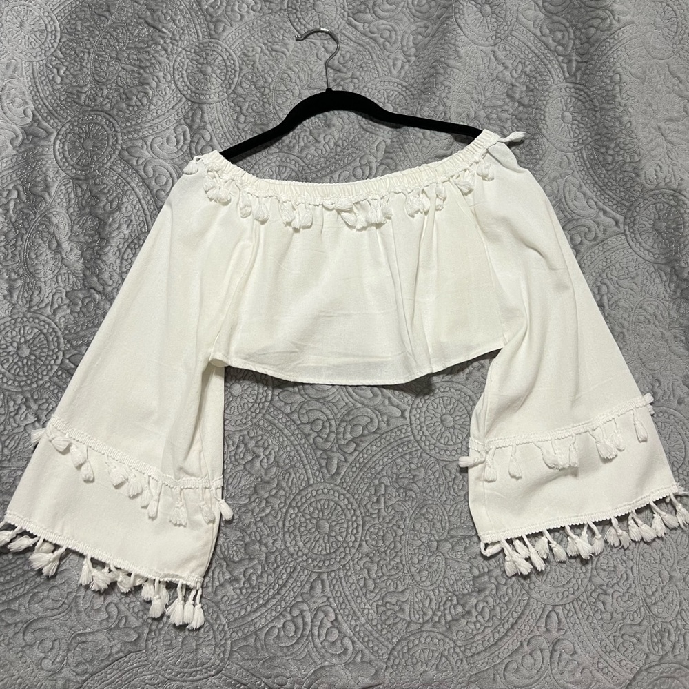 White Off-Shoulder Tassel Top